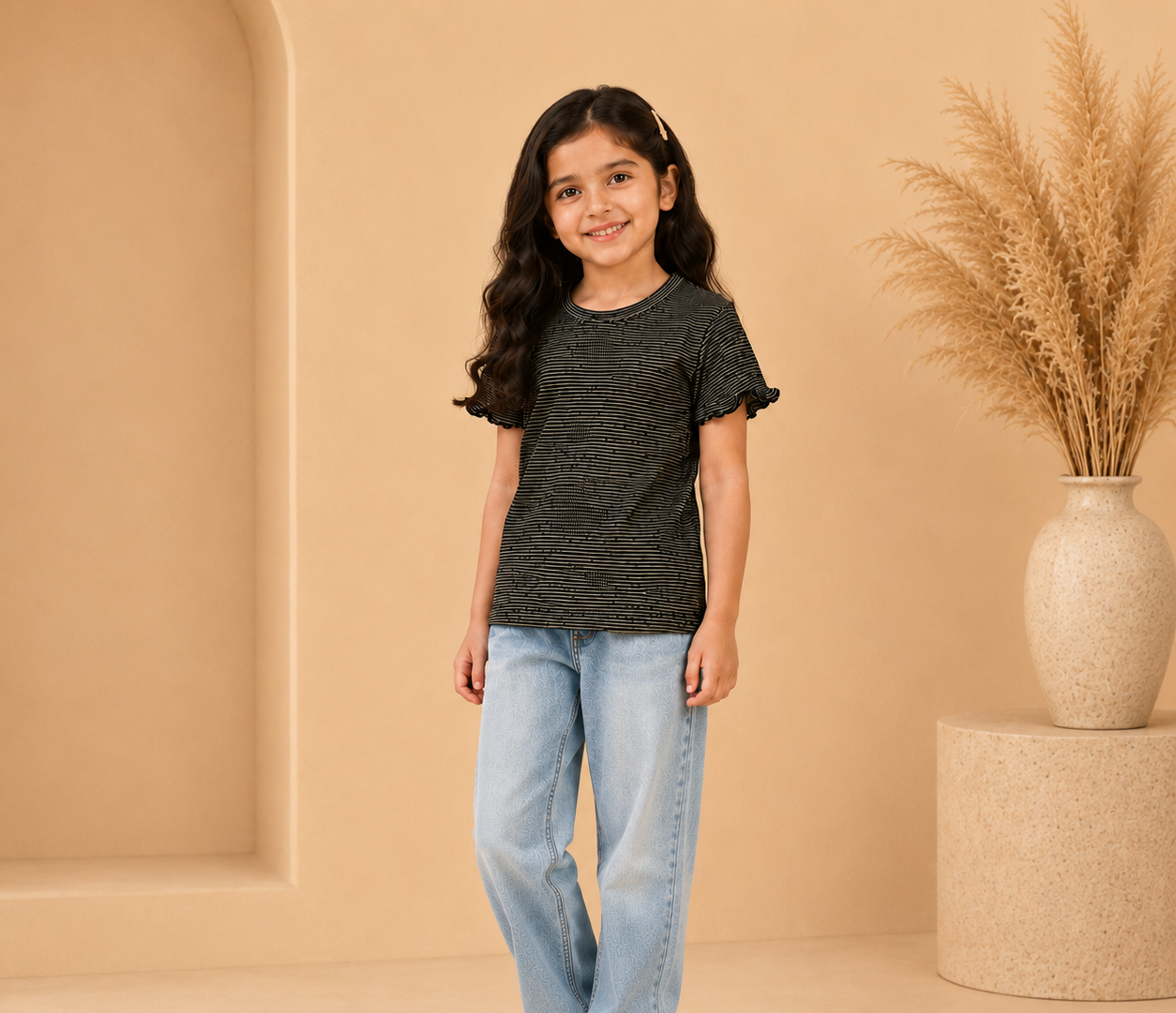Midnight Stripe Girls Ruffle Sleeve T-Shir-2