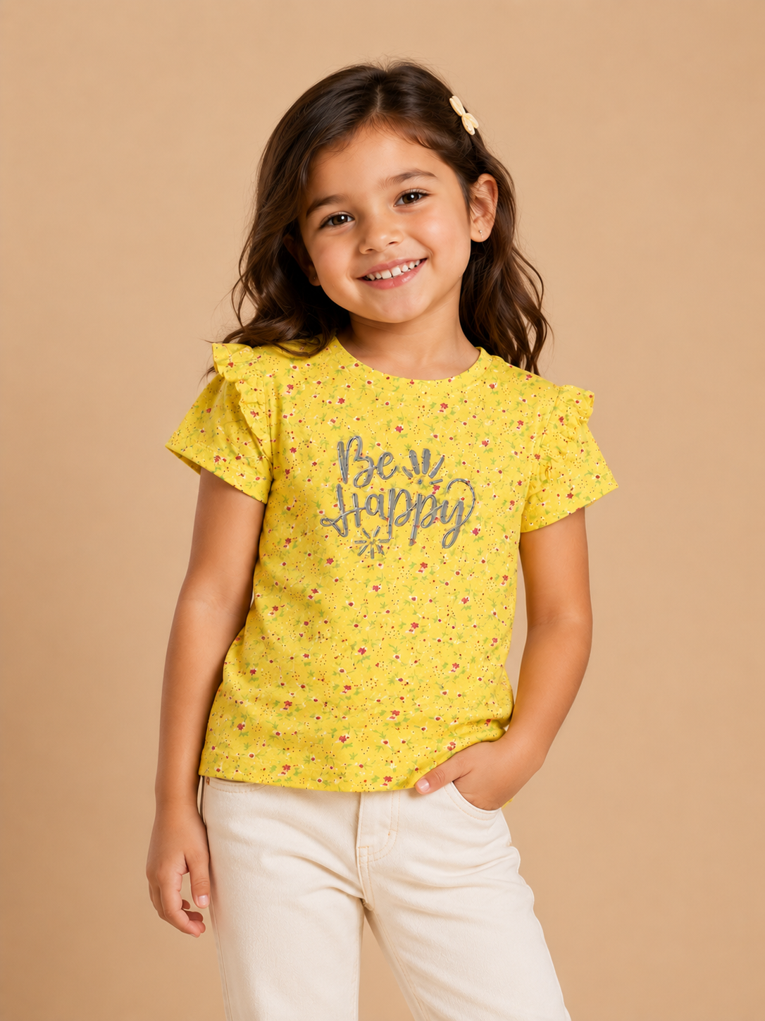 Be Happy Floral Girls T-Shirt