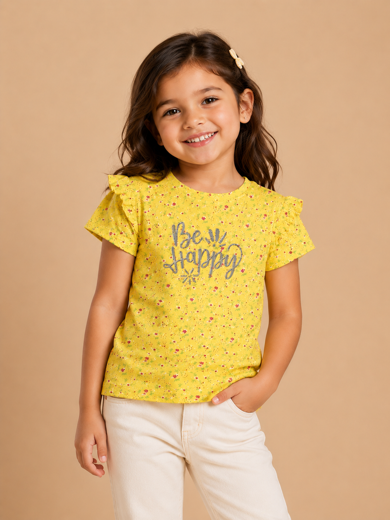 Be Happy Floral Girls T-Shirt-2