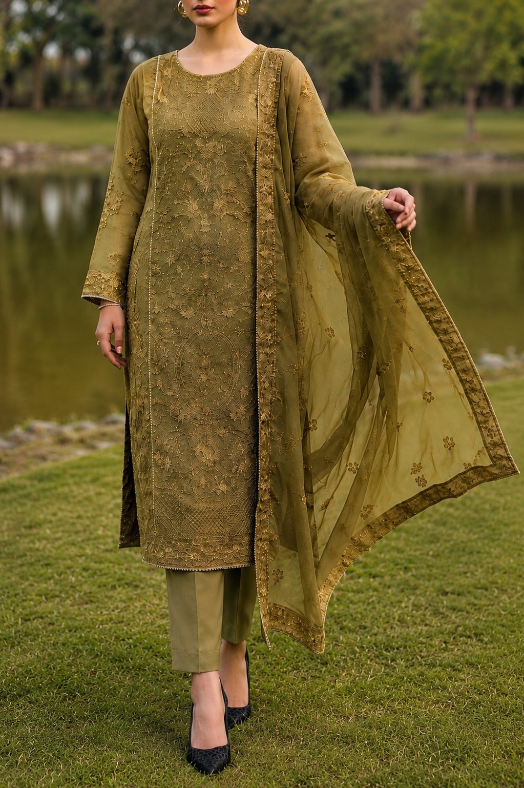 Olive Aura – Unstitched 3 Piece-2